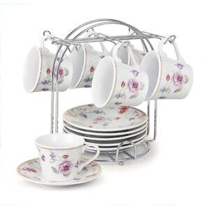 Espresso Cups 2 Oz. on Metal Stand-Purple Flower (Set of 6)